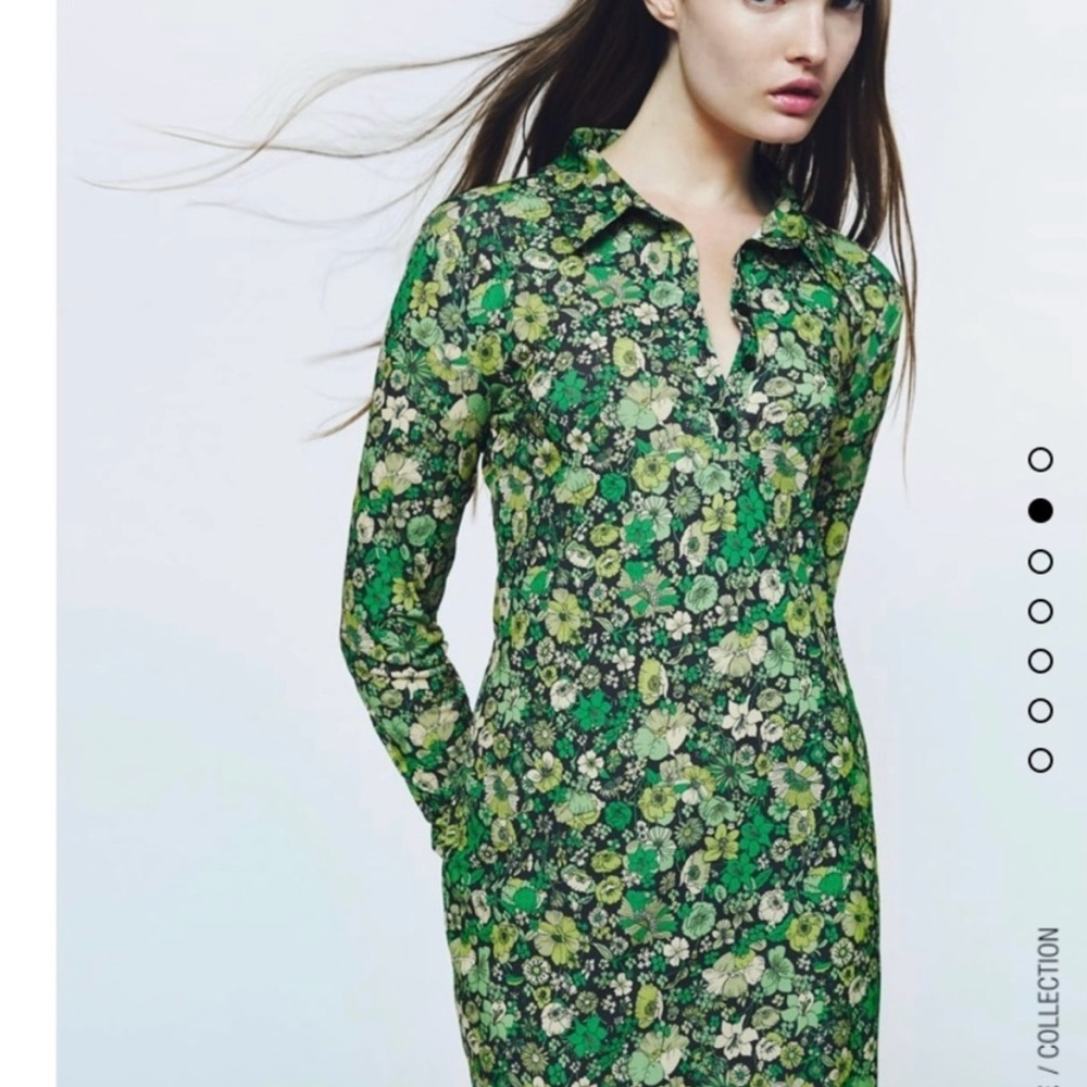 ZARA 60s 70s Inspired Green Floral Long Sleeve Mini Dress Mod Women Size M - Picture 3 of 7